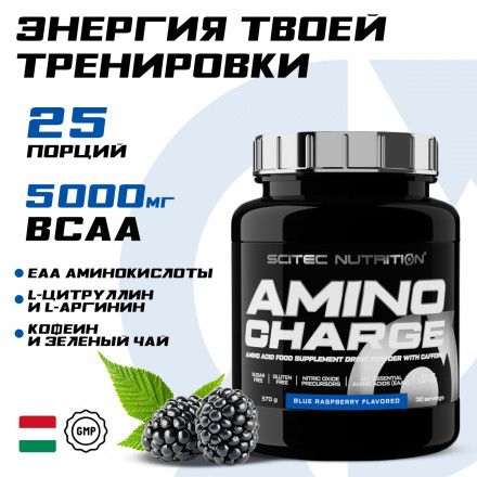 Аминокислоты EAA  и кофеин Scitec Nutrition Amino Charge, предтренировочный препарат, порошок, 570 г, ежевика